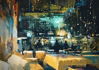 Deurstickers painting showing colorful interior of bar and restaurant at night © grandfailure