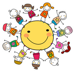 happy kids playing around the sun