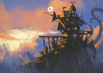 Naklejka premium funny illustration painting of fisherman on an old house with a fishing rod has a big catch