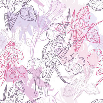 Hand made lace iris flowers seamless pattern