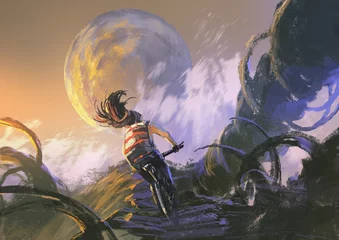 Foto op Plexiglas anti-reflex illustration painting of cyclist riding a mountain bike climbing on the rocky peak © grandfailure