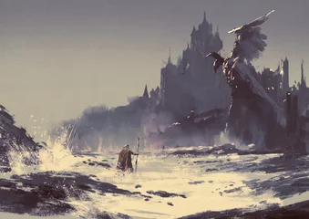 Poster illustratie schilderij van koning wandelen door zee strand naast fantasie kasteel op achtergrond © grandfailure