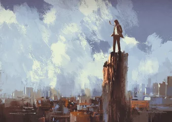 Fototapeten illustration painting of businessman stands on the peak looking at city © grandfailure