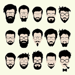 Vector set of hipster style haircut, glasses, beard, mustache