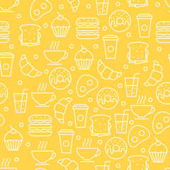Seamless vector simple linear food pattern. Breakfast illustrati
