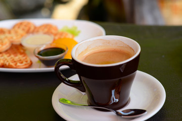 coffee foam and  heart pancakes