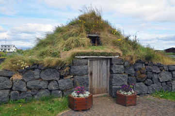 Icelandic traditional turf house in Stokkeyri