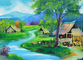Thailand upcountry view oil painting on canvas