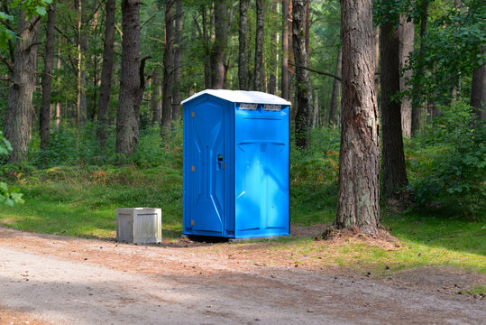 Toilet bright blue in the woods near the road