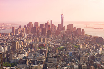 Obraz premium Panoramic view of Lower Manhattan as seen from the Empire State Building observation deck in the late afternoon (New York, USA)