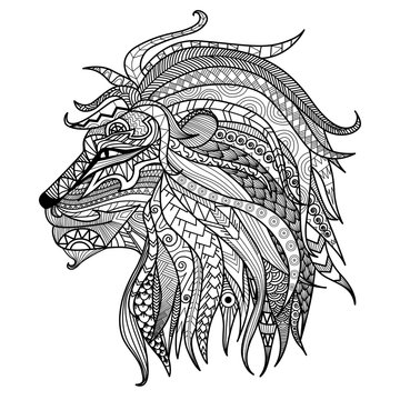 Hand drawn lion coloring page.