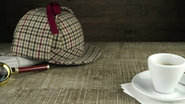Coffee cup, paper sheets and detective hat on old Wooden table.