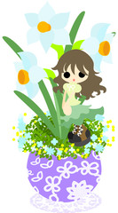 A cute little girl who is standing still on the flowerpot of narcissus