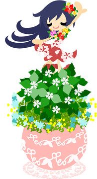 A cute little girl who is dancing on the flowerpot of chickweed