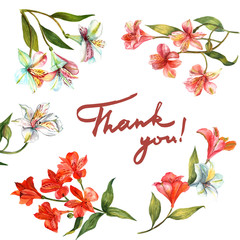 Post card with watercolour flowers and handwritten words 'Thank you'