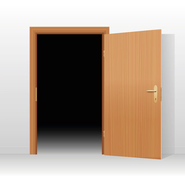 Wide open door to a dark unlit room. Vector illustration.
