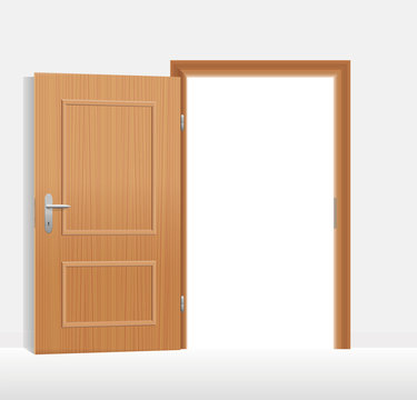 Open door to a bright white room. Vector illustration.