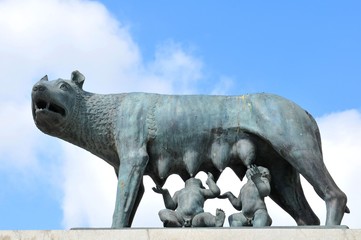 Replica of the Capitoline Wolf, a bronze iconic sculpture inspired by the legend of the founding of Rome (Cluj Napoca, Romania)