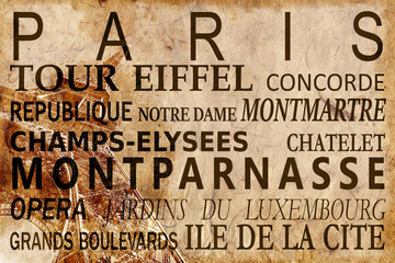 Text with Paris landmarks on Eiffel Tower vintage sepia background