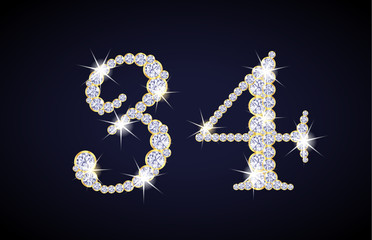 Number 3 and 4 composed from diamonds with golden frame. Complete alphanumeric set.