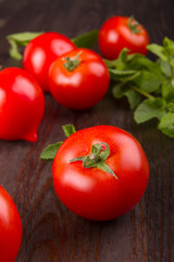 red tomato on a dark board surrounded by tomatoes and a sprig of mint