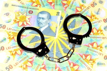 Corruption concept with Romanian currency (lei) and handcuffs