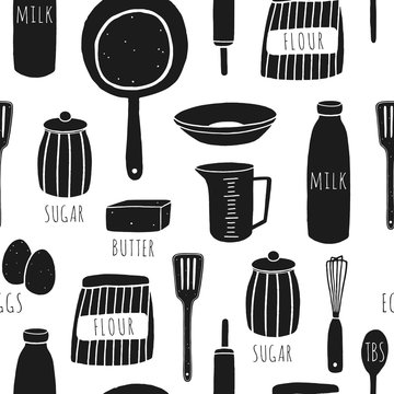 Black and white seamless pattern with cooking elements. Doodle kitchen background  Cropped with clipping mask 