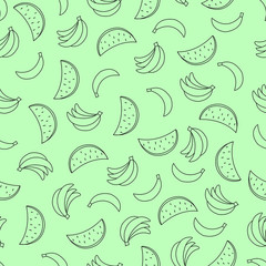 Seamless pattern with bananas and watermelon on green background