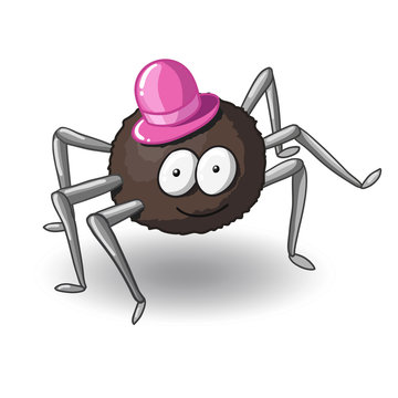 Cartoon cute spider in hat isolated on white background