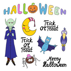 Set of cartoon halloween characters and words isolated on white