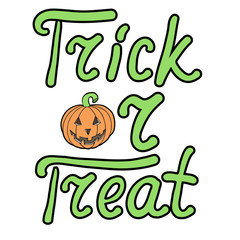 Fototapeta premium Cartoon pumpkin and words trick or treat isolated on white backg