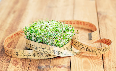 Alfalfa and arugula sprouts surrounded with an old flexible measuring tape on a wooden board.