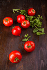 group of red tomatoes on dark board with a sprig of mint