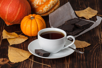 Autumn Concept. Cup Of Tea Or Coffee. Dried Fruits. Pumpkins. Da