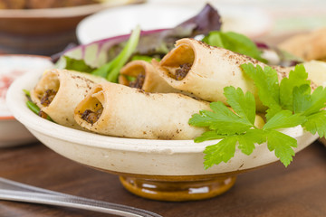 Briouat - Middle Eastern pastries filled with spicy lamb.
