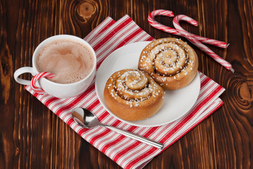 Hot Chocolate Drink. Cinnamon Swirls. Christmas Sweets. Wooden B