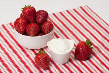 Fresh Strawberries With Sweet Cream. Natural Cotton Napkin