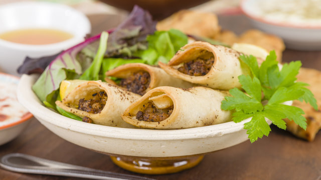 Briouat - Middle Eastern pastries filled with spicy lamb.
