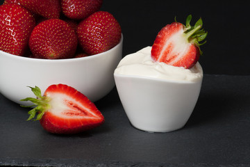 Fresh Strawberries With Sweet Cream. Natural Slate Placemat