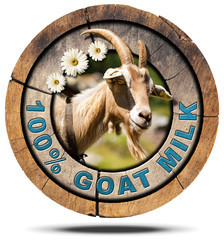 100 Percent Goat Milk- Wooden Icon / Wooden round icon or symbol with a head of horned goat, three...