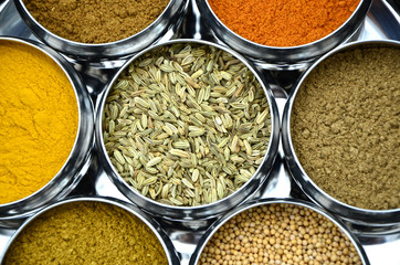 Shiny Round Silver Bowls of Indian Cuisine Spices and Seeds