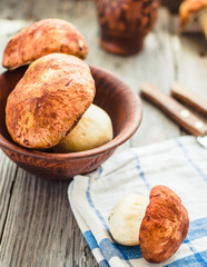 boletus mushrooms on a gray board, rustic background, selective