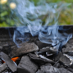 Burning charcoal on barbecue grill.
