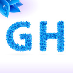 Sans serif font with blue leaf decoration