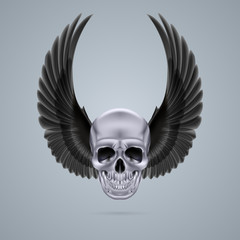 Metal chrome skull with two wings up