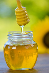 Fototapeta na wymiar Honey dripping off a honey spoon into a glass bowl.