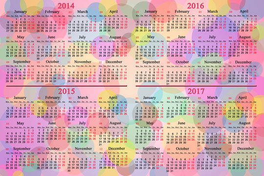 calendar for 2014 - 2017 on the colored background