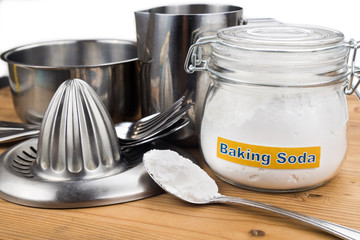 Baking soda effective polish of metal kitchenwares.
