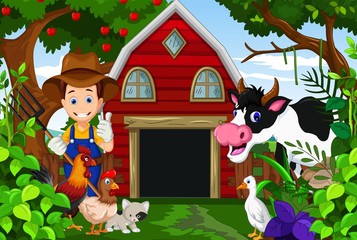 farmer at his farm with a bunch of farm animals