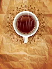 vector background with a cup of coffee and an openwork pattern o